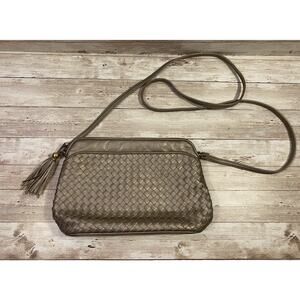 Vintage Ganson Purse Women’s Metallic Champagne Basket Weave Crossbody Tassel